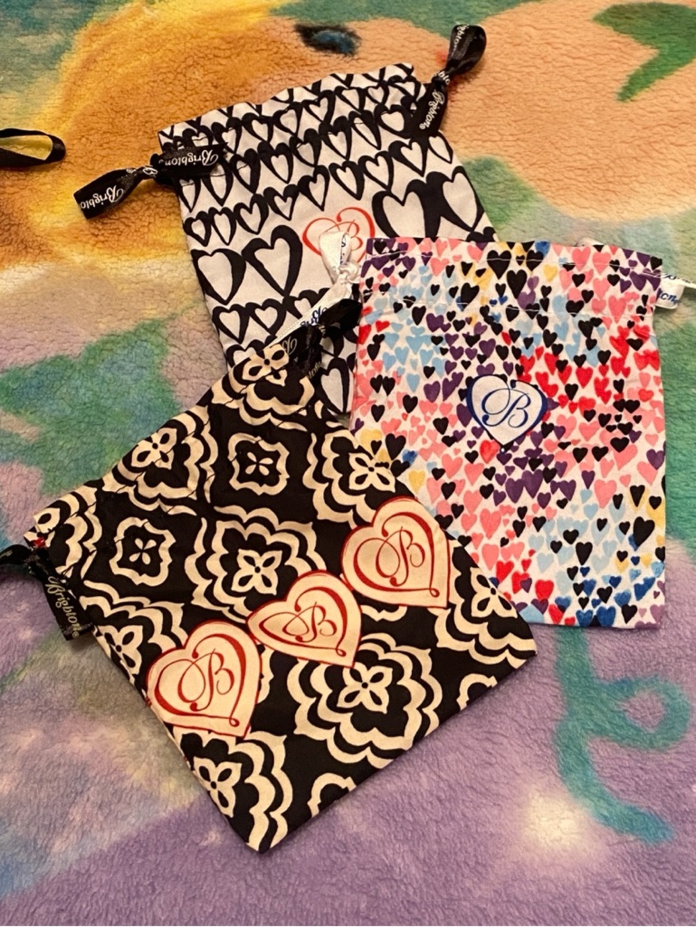 Lot of 3 Brighton Mini Drawstring Pouches in Black, White, Multicolor Hearts